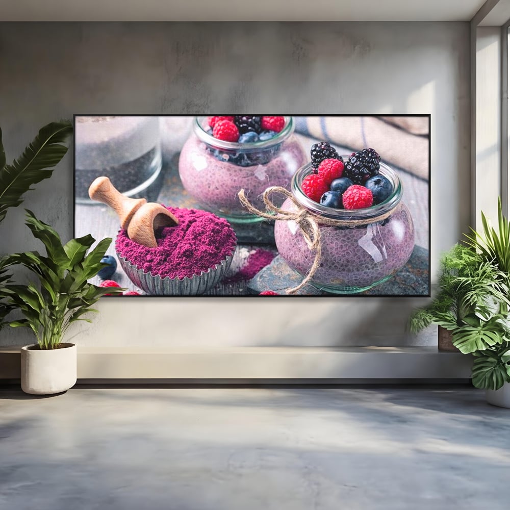 Tablou canvas cu natura moarta cu desert si fructe de padure, in rama de aluminiu negru